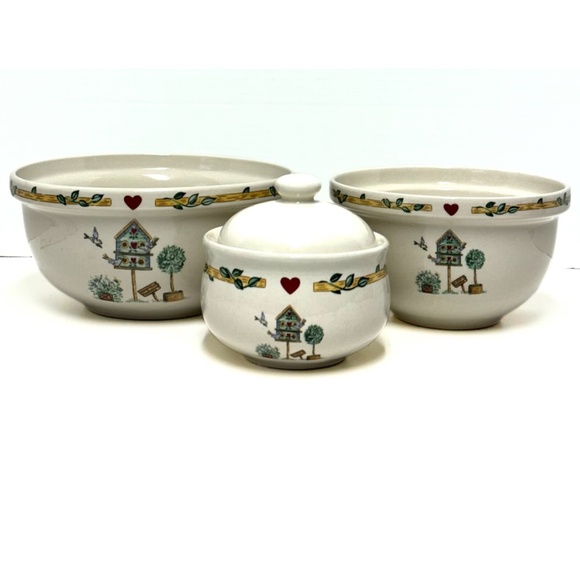 Vtg THOMSON Pottery Bowls & Sugar Bowl w/ Lid - 4pcs Bird Topiary Cottagecore - Picture 1 of 10